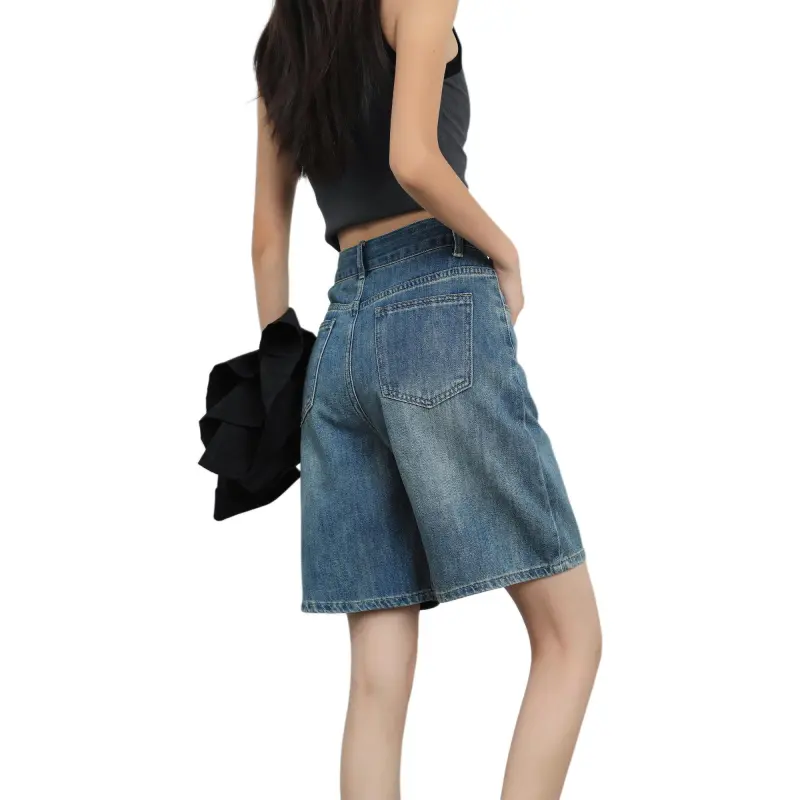 Wen Shan Denim Shorts Women's Vintage Blue Knee Length Pants-1
