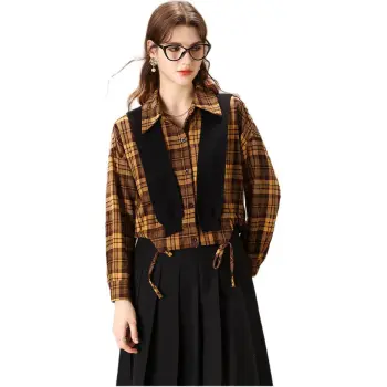 FENHONGMALI Shirt Women's Yellow Plaid