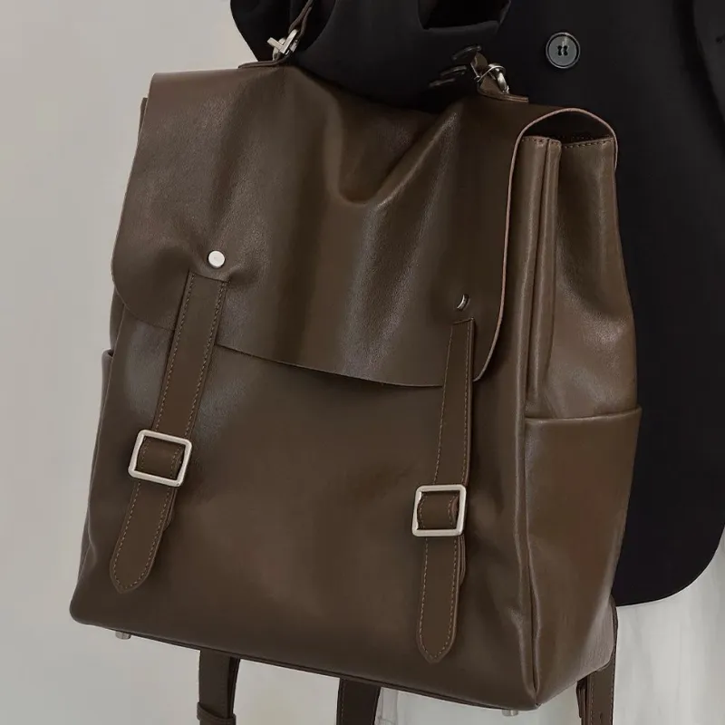JPJ Top Grain Vegetable Tanned Cow Leather Handbag, Backpack Large Size Women's Chocolate-3
