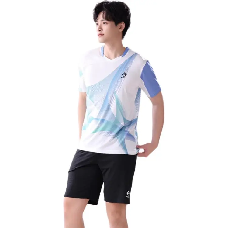 KUMPOO Casual Sportswear Men Clothing Set Blue Green Geometric Line Top+Black Shorts-1