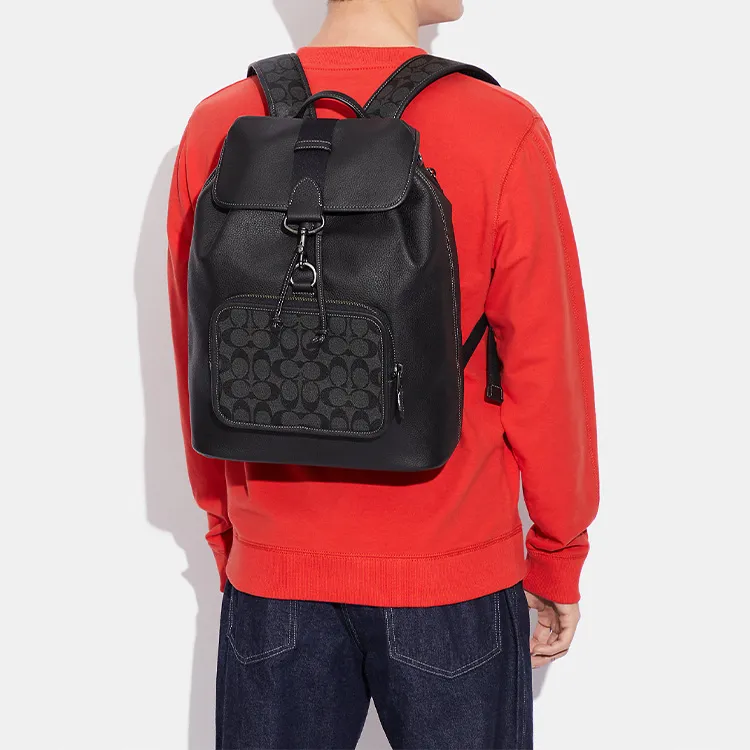 COACH Sullivan Coated Canvas With Pebbled Leather Backpack Large Size Men's Black-3