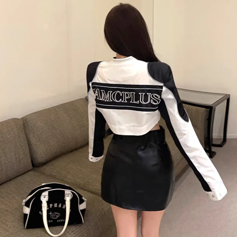 ONNFB Two Piece Skirt Sets Women's Hot Girl Motorcycle Jacket+Black Waist Belt Skirt-2
