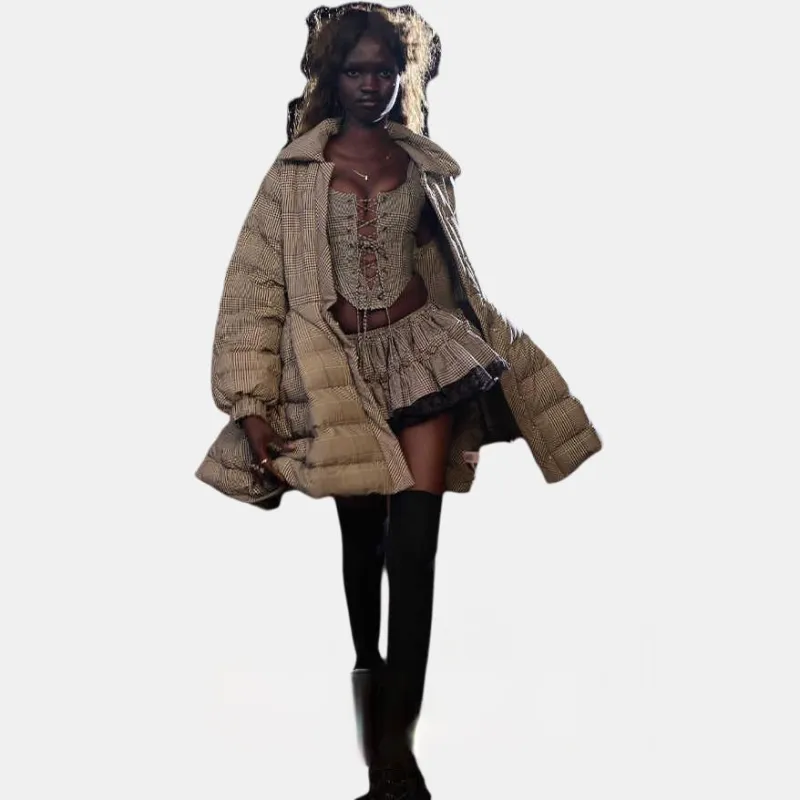 Selkie Collection FW24 Puffer Jacket Women's Brown Base With Houndstooth Plaid Print-2
