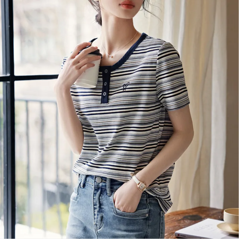 XWI T Shirt Women's Navy Blue Stripes-2