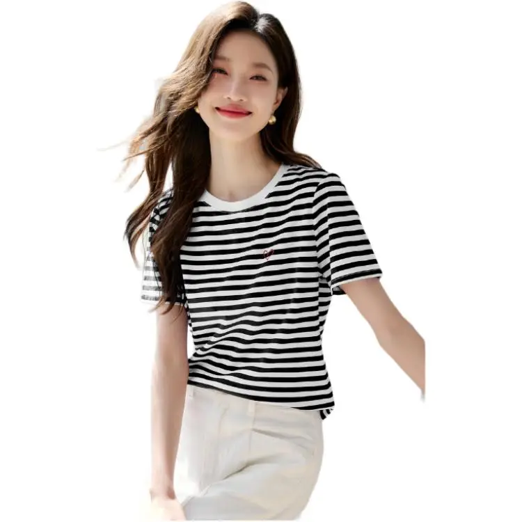 Mo Han Yi Mei T Shirt Women's Black White Stripes-4