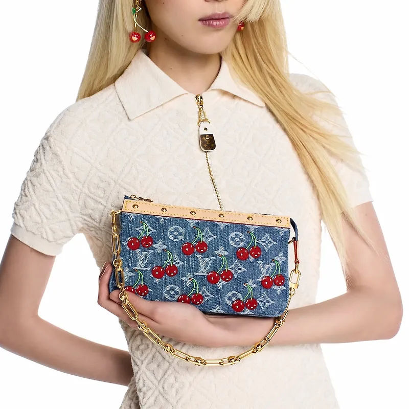 LOUIS VUITTON Takashi Murakami Collaboration POCHETTE ACCESSOIRES Monogram Cherry Denim Handbag Women's Blue-6