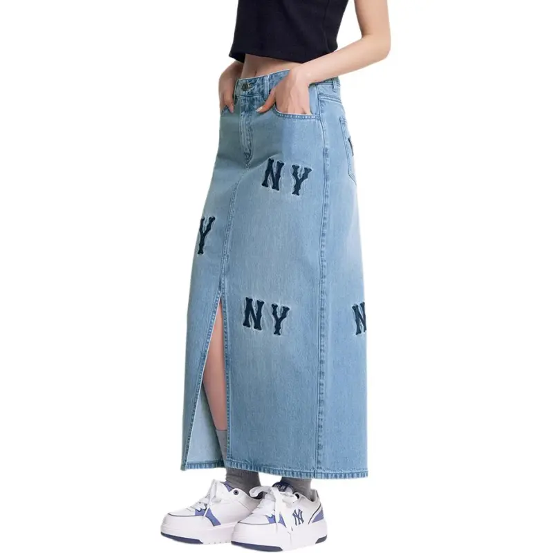 MLB New York Yankees Denim Long Skirts Women's Light Blue-4