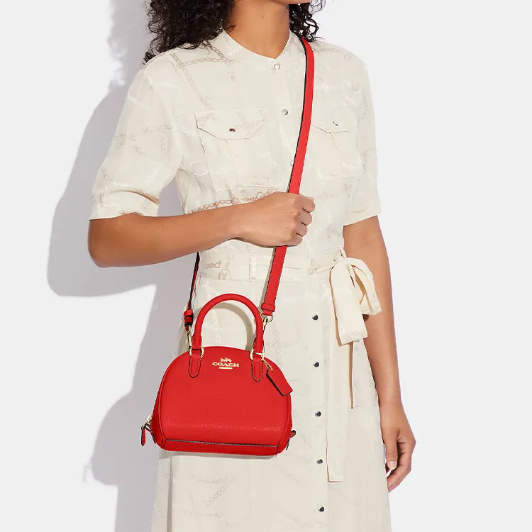 COACH Sydney Cross-Stitch Leather Dome Bag Handbag Shoulder Bag Crossbody Bag Small Size Women's Miami Red-3