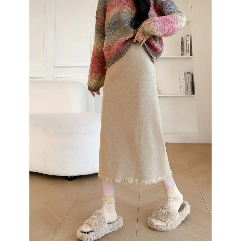 Tonlion Knit Long Skirts Women's Wheat-3