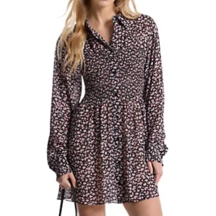 MICHAEL KORS Floral Print Georgette Smocked Shirtdress-2