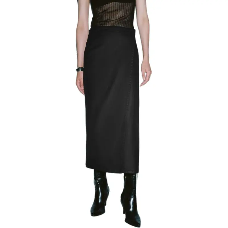 URBAN REVIVO Denim Long Skirt Women's Black-4