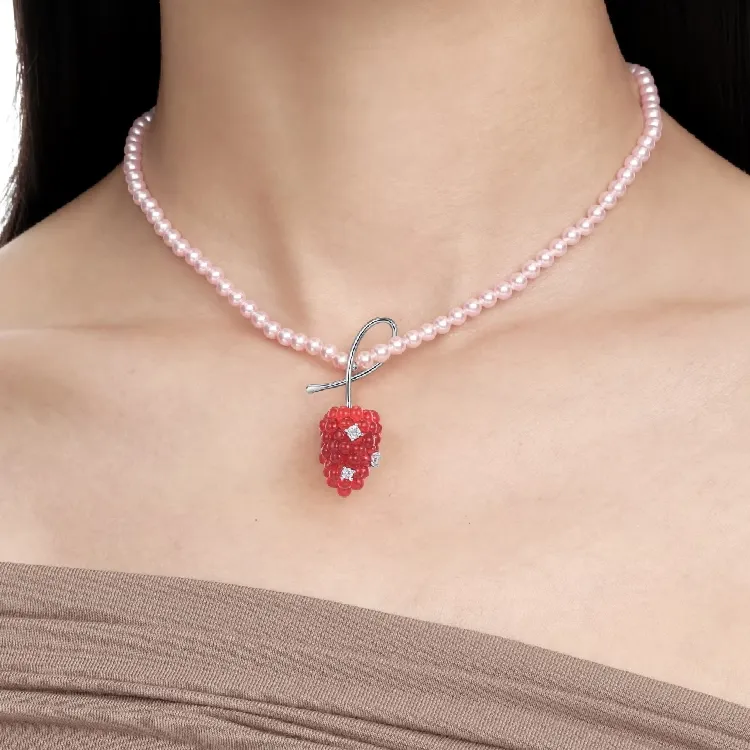 YVMIN 925 Sterling Silver 5A Grade Sparkling Zircon Pearl Chain Mulberry Raspberry Necklace Collarbone Chain Women's-1