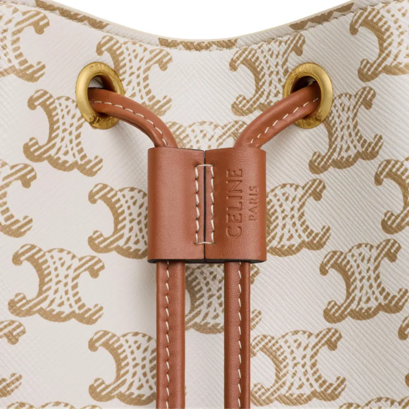CELINE Canvas paneled Calfskin Trim Crossbody Bag, Shoulder Bag Mini Women's White & Tawny-3