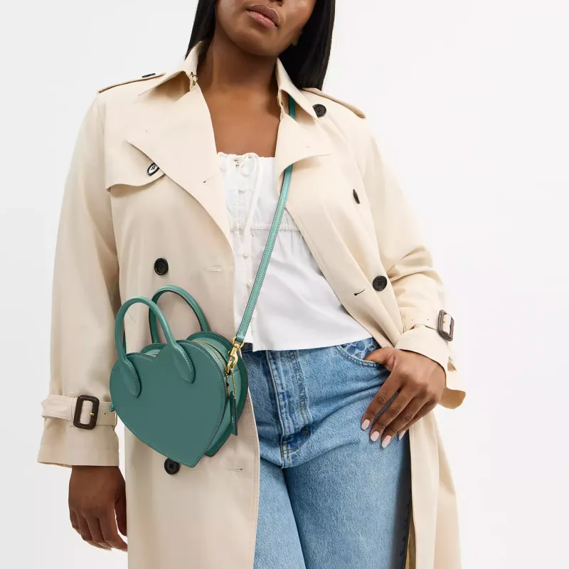 COACH Leather Heart Shaped Bag, One Shoulder Handbag Trumpets Women's Green-7