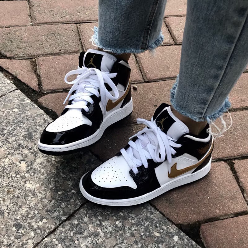 jordan 1 mid patent black white gold
