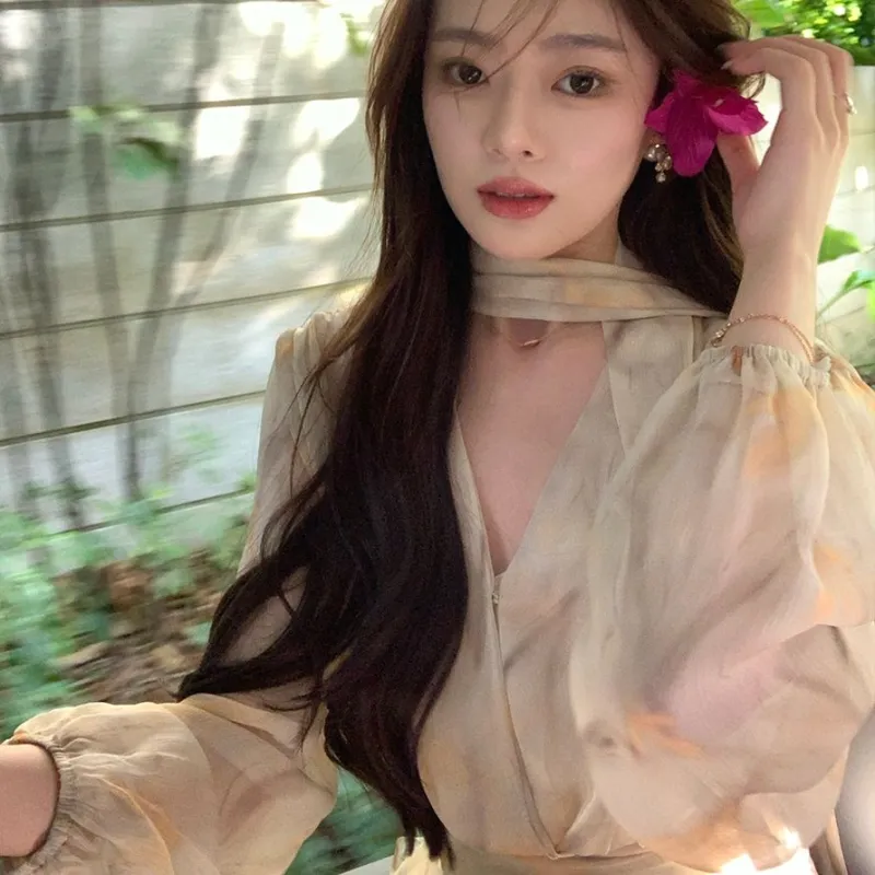 Mu Qingqing Long Sleeved Dresses Women's Light Yellow Floral-4