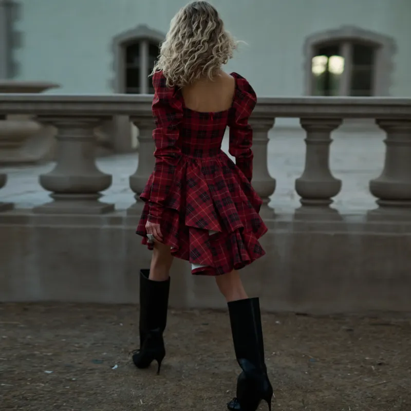 Selkie Collection FW24 Long Sleeved Dresses Women's ROYAL TARTAN Red Background Classic Square Print-1