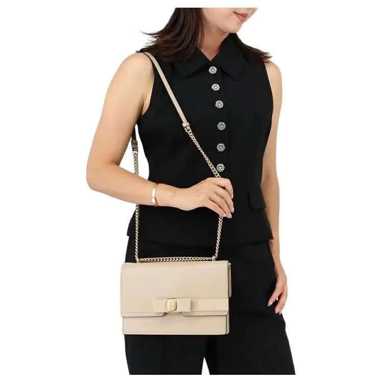 FERRAGAMO Vara Leather Small Square Bag, Crossbody Bag, Shoulder Bag Women's Dusty Pink-4