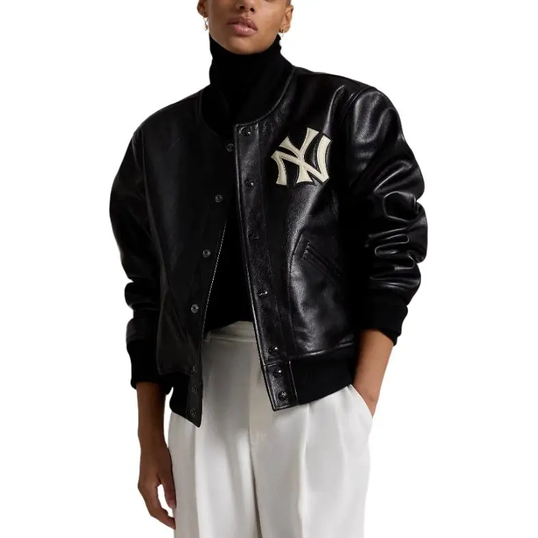 Polo Ralph Lauren Yankees Leather Jacket Jackets Coats Women's Black-1