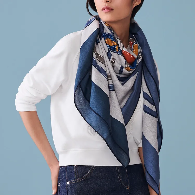 HERMES Brides De Gala Shawls Unisex Blue-1