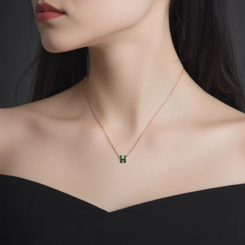 HERMES POP H Collection Gold Plated Necklaces Women's Green-2