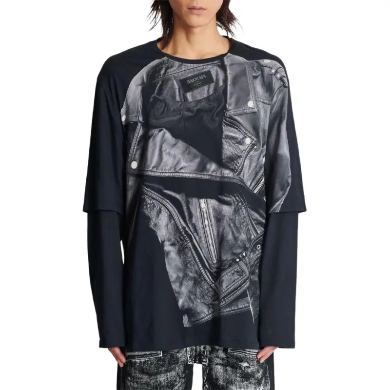 BALMAIN Biker Jacket Printed Long Sleeved T Shirt-2