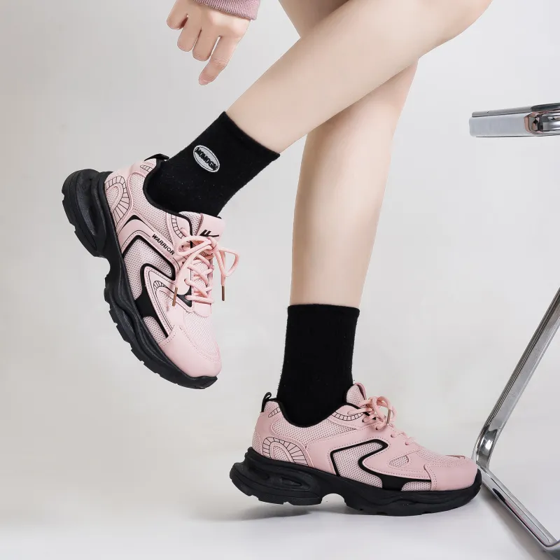 Warrior Anti Slip And Wear Resistant Height Increasing Low Top Chunky Sneakers Women's Pink Black-6