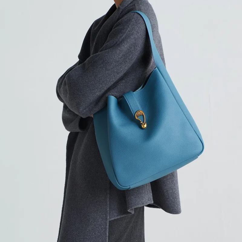 Simedin Cow Split Leather Bucket Bag Shoulder Bag Large Size Women's Bondi Blue/Elephant Gray-5