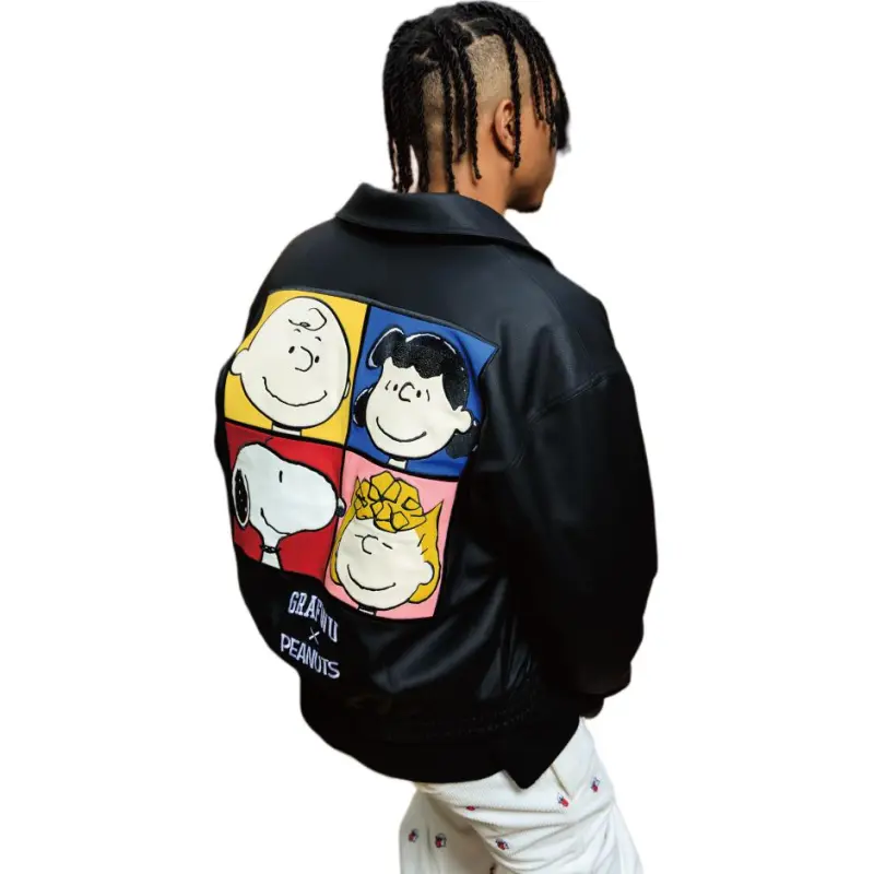 GRAF Leather Jackets Men Snoopy 4 Person Head Image Shearling Coat-2