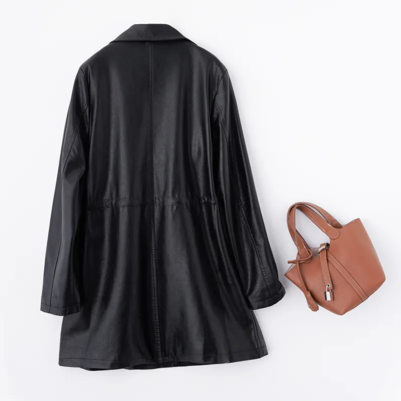 Yi Mengyuan Mid Length Leather Jacket Coat Women's-5
