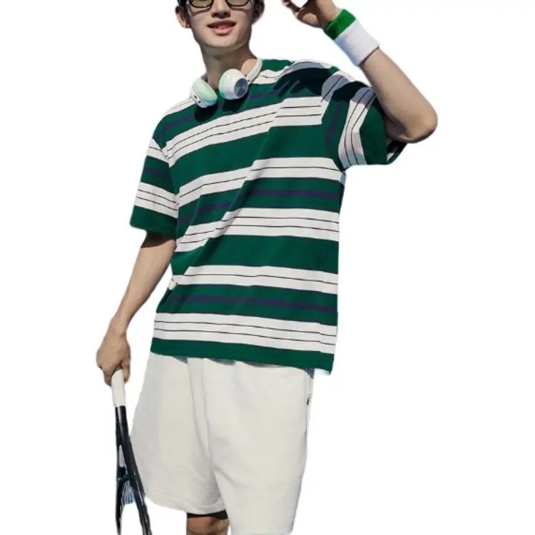 QIAODAN Sports Life Collection T Shirt Men's Cangyuan Green/Jindai Blue Stripes-2