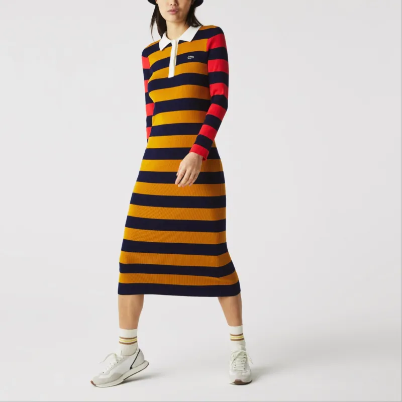 LACOSTE Long Sleeved Dress Women's Turmeric/navy Blue-1