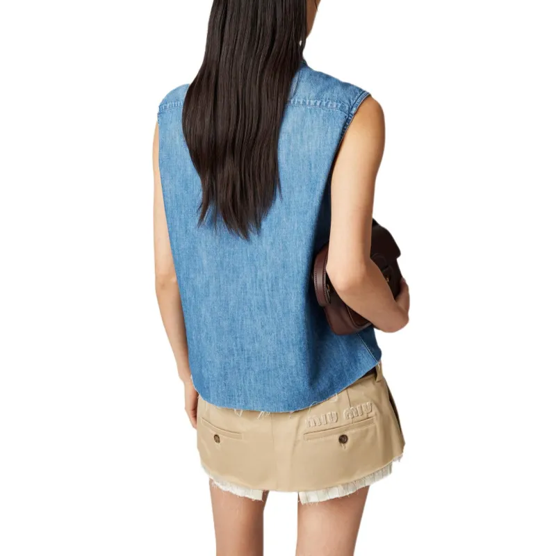 MIU MIU Sleeveless Button Up Denim Shirt-2