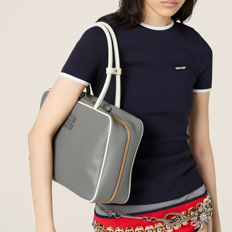 MIU MIU Beau Cow Leather One Shoulder Handbags Women's Marble Gray & White-6