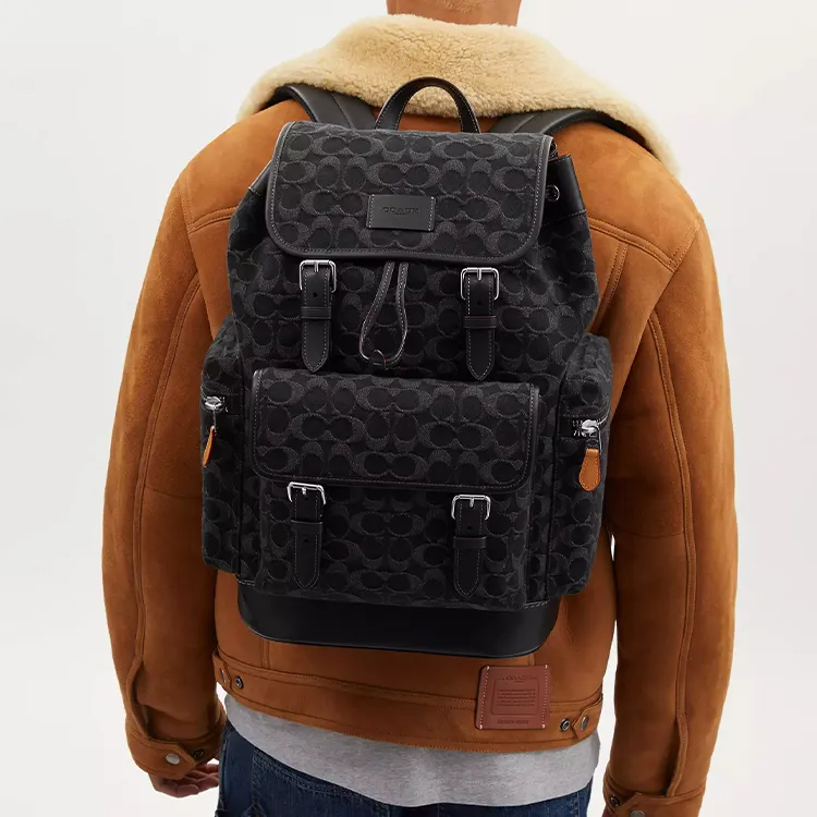 COACH Sprint Denim With Smooth Calfskin Backpack Large Size Men's Silver & Black-3