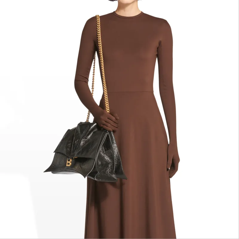 Balenciaga CRUSH Cow Leather Double Chain Bag, Crossbody Bag, Shoulder Bag Tubas Women's Brown-4