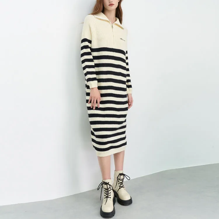 BASIC HOUSE Long-Sleeved Dresses Women's Black White Stripes-1