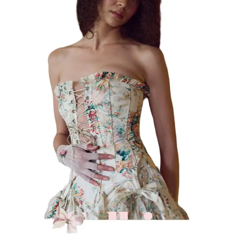 Selkie Collection FW23 Strapless Top Women's Yellow With Vine Rose Print-4
