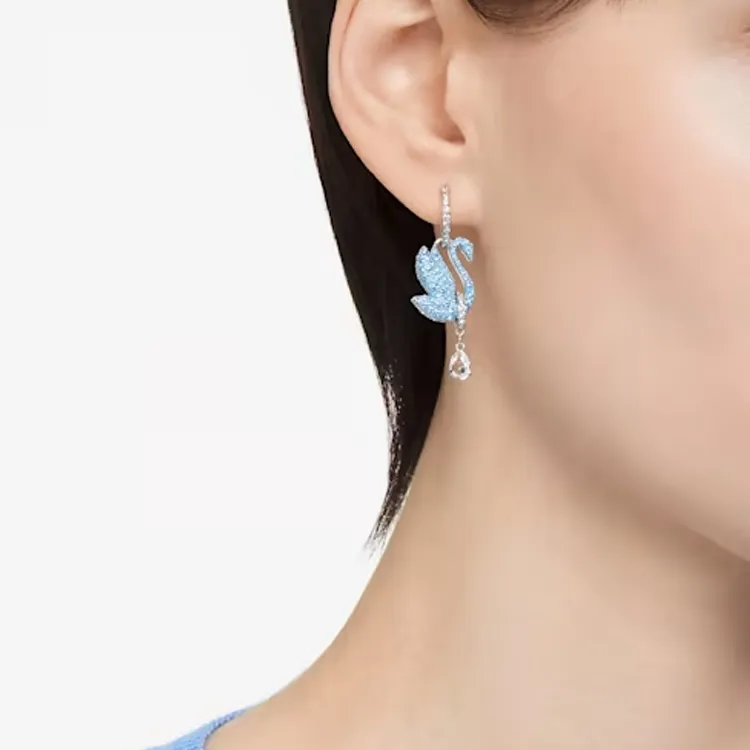 Swarovski Iconic Swan Rhodium Plated Earrings Unisex Blue-4