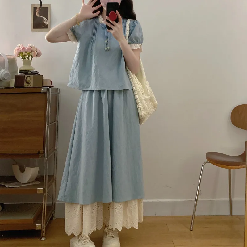 GULIANFEI Skirt Set Women's Light Blue-5