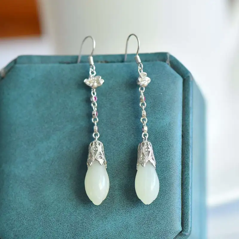 Grace Hetian Jade Earrings Pale Greenish White Jade Women's-3