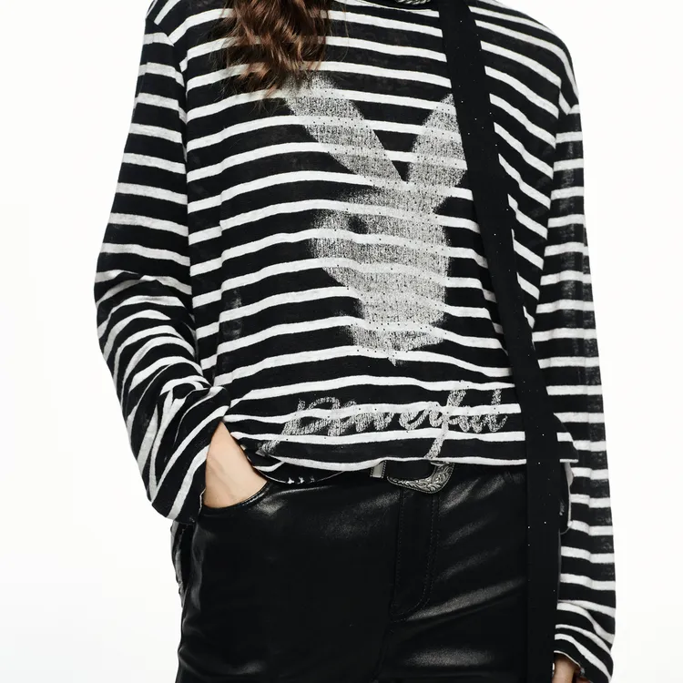 MOCO x Playboy T Shirt Women's Black White Stripes-3