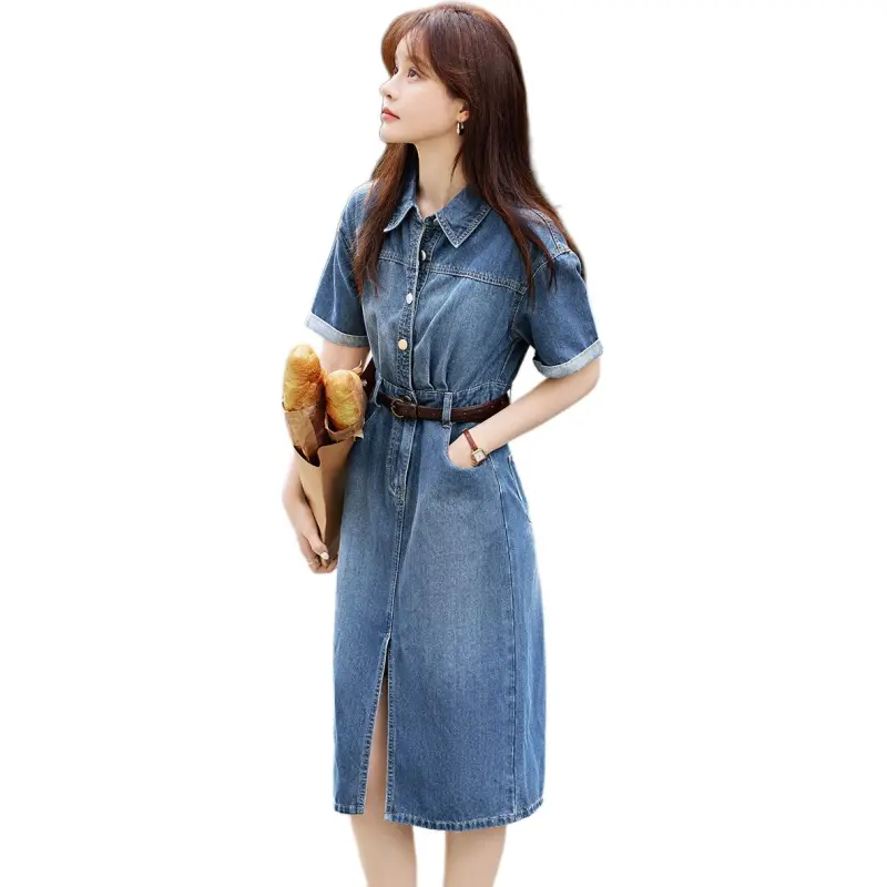 Mo Han Yi Mei Short Sleeved Dress Women's Denim Blue-1