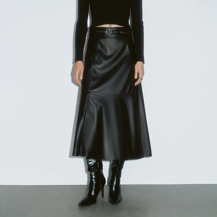 URBAN REVIVO Leather Long Skirt Women's Jet Black-2