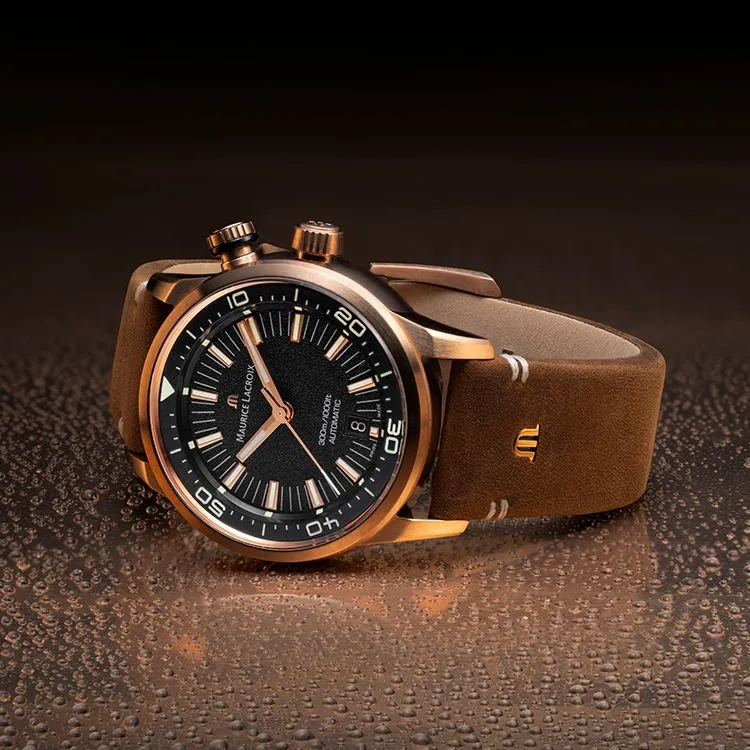 MAURICE LACROIX S Collection Mechanical Movement Unisex Watch 42mm Black Dial Bronze Watch Case Leather Strap-2