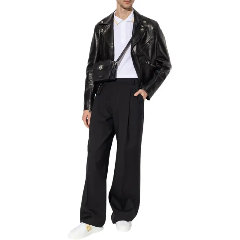 VERSACE Zip Up Leather Biker Jacket-4