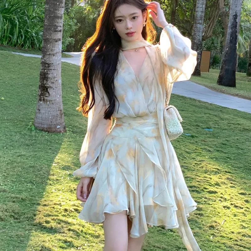 Mu Qingqing Long Sleeved Dresses Women's Light Yellow Floral-5