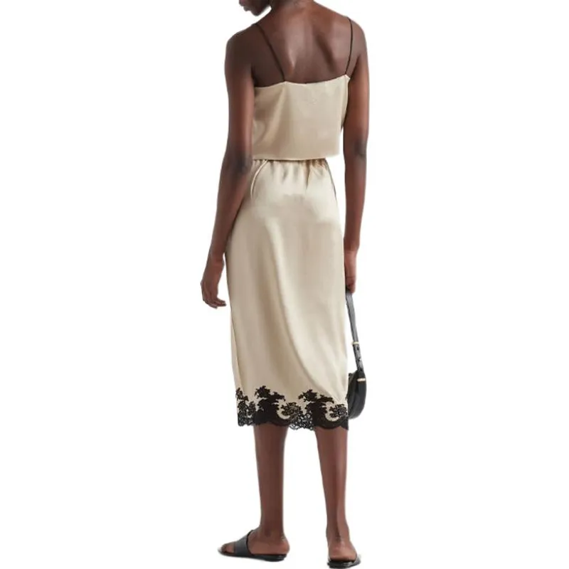 PRADA Lace-trimmed Satin Midi Skirt-2