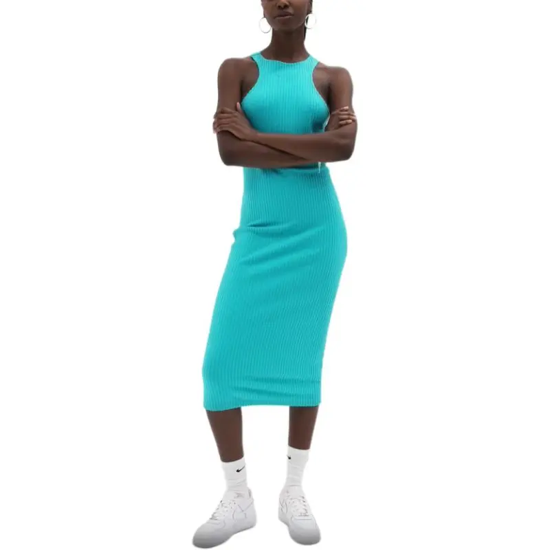 Nike Slim Sleeveless Ribbed Midi Dress Sleeveless Dress Women's Blue-3