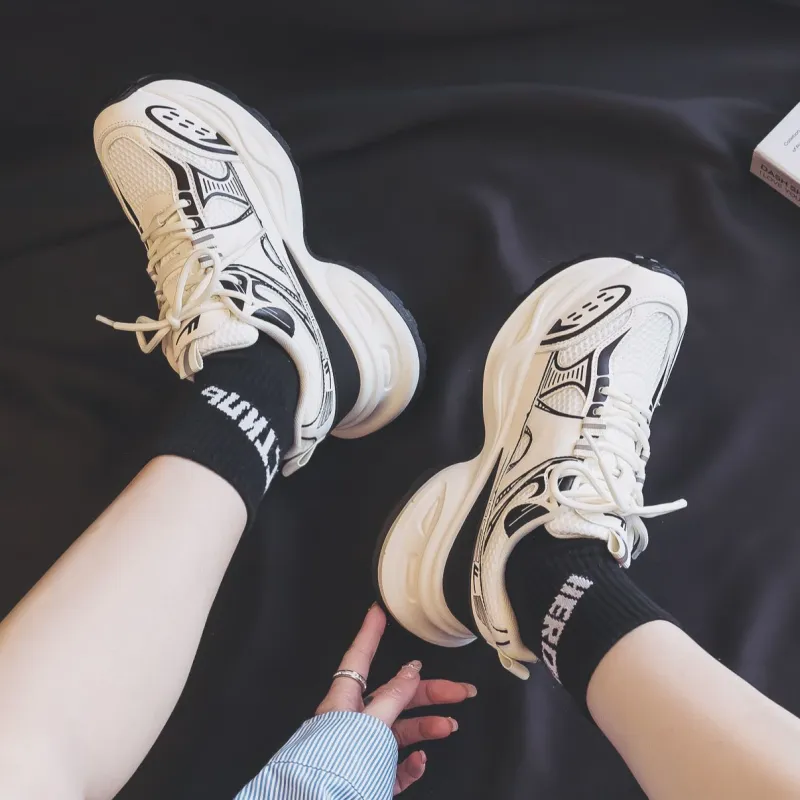 Warrior Warrior Height Increasing Wear Resistant Low Top Chunky Sneakers Women's Beige Black-7